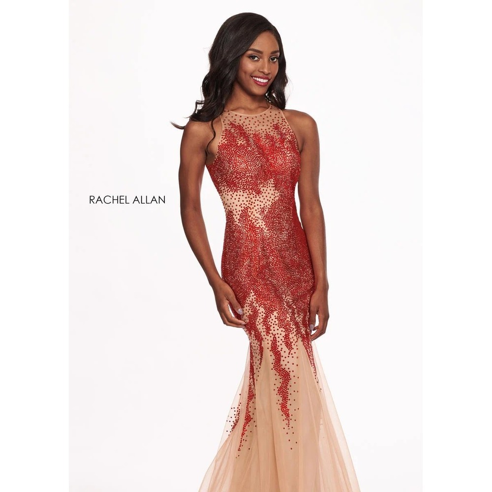 Rachel Allan 6452 Red Nude Sequin Beaded Halter Prom Dress Gown Size 6